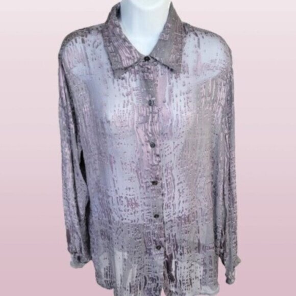 New York & Co Sheer Silk Blend Button-Up Blouse Long Sleeves Purple Gray Large - Picture 4 of 16